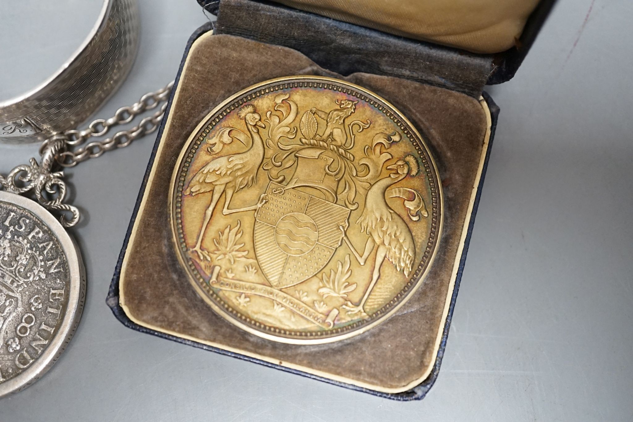 A Philip V 8 Reale coin pendant mounted, assorted 18th century and later coinage, faux tortoiseshell watch case and sundries